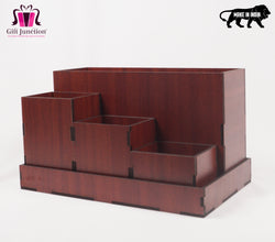 Four Compartment Desk Organizer With Tray Dark Wooden Texture